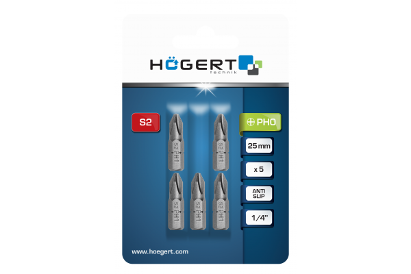 HOEGERT Биты PH0, 25 мм, сталь S2, 5 шт.